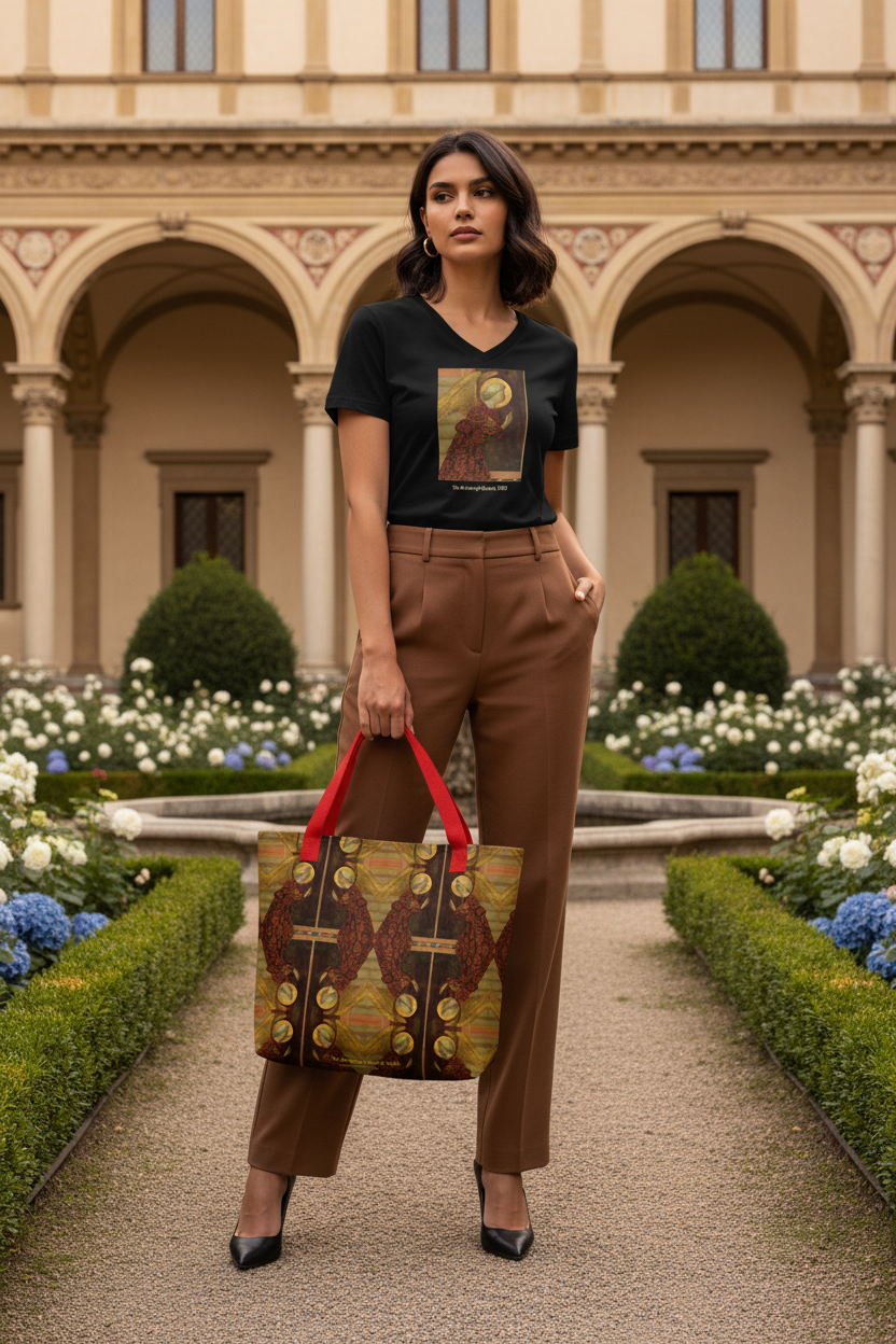 Archangel Gabriel tote bag and shirt with brown slacks and heels