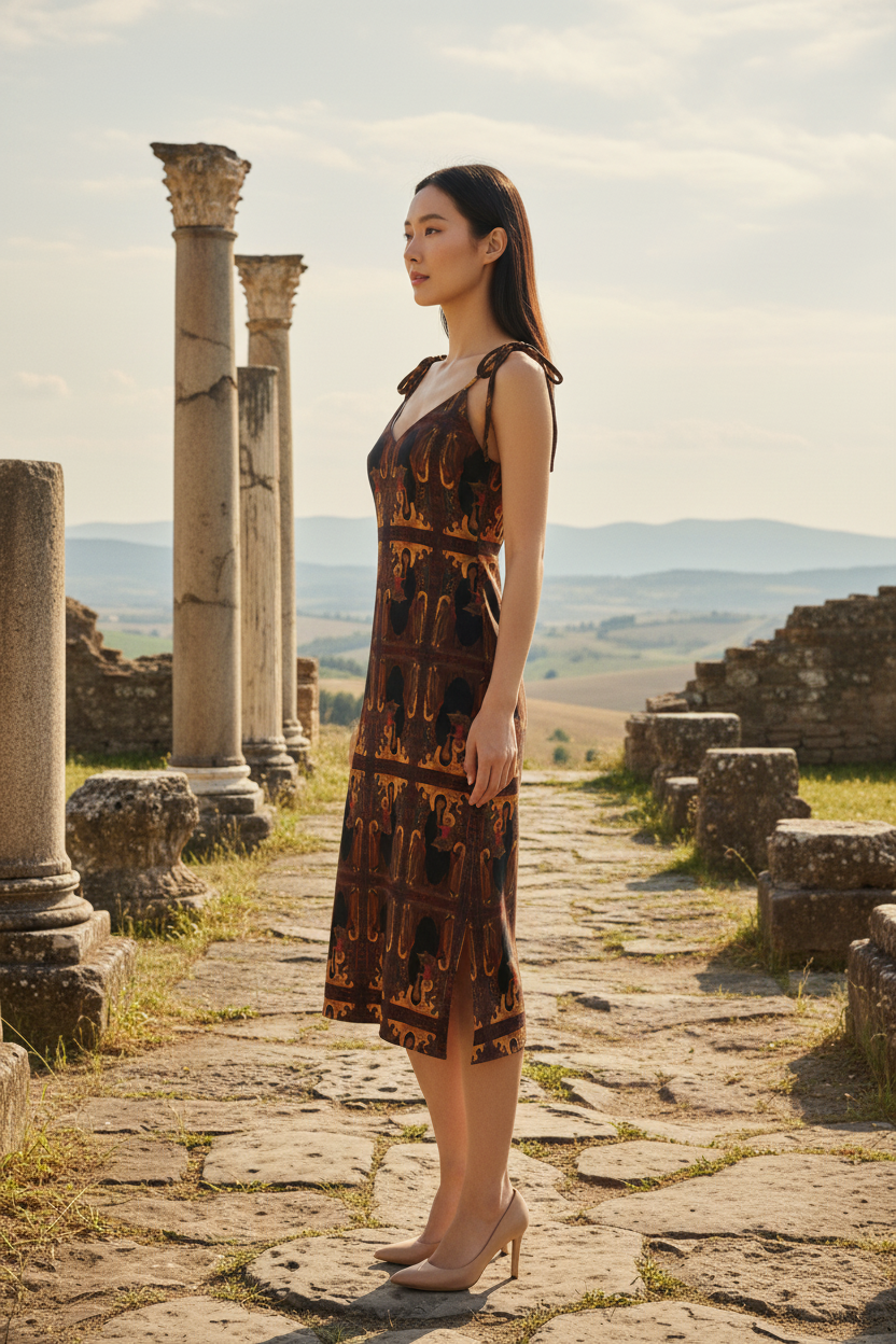 Asian model left side profile in ancient ruins