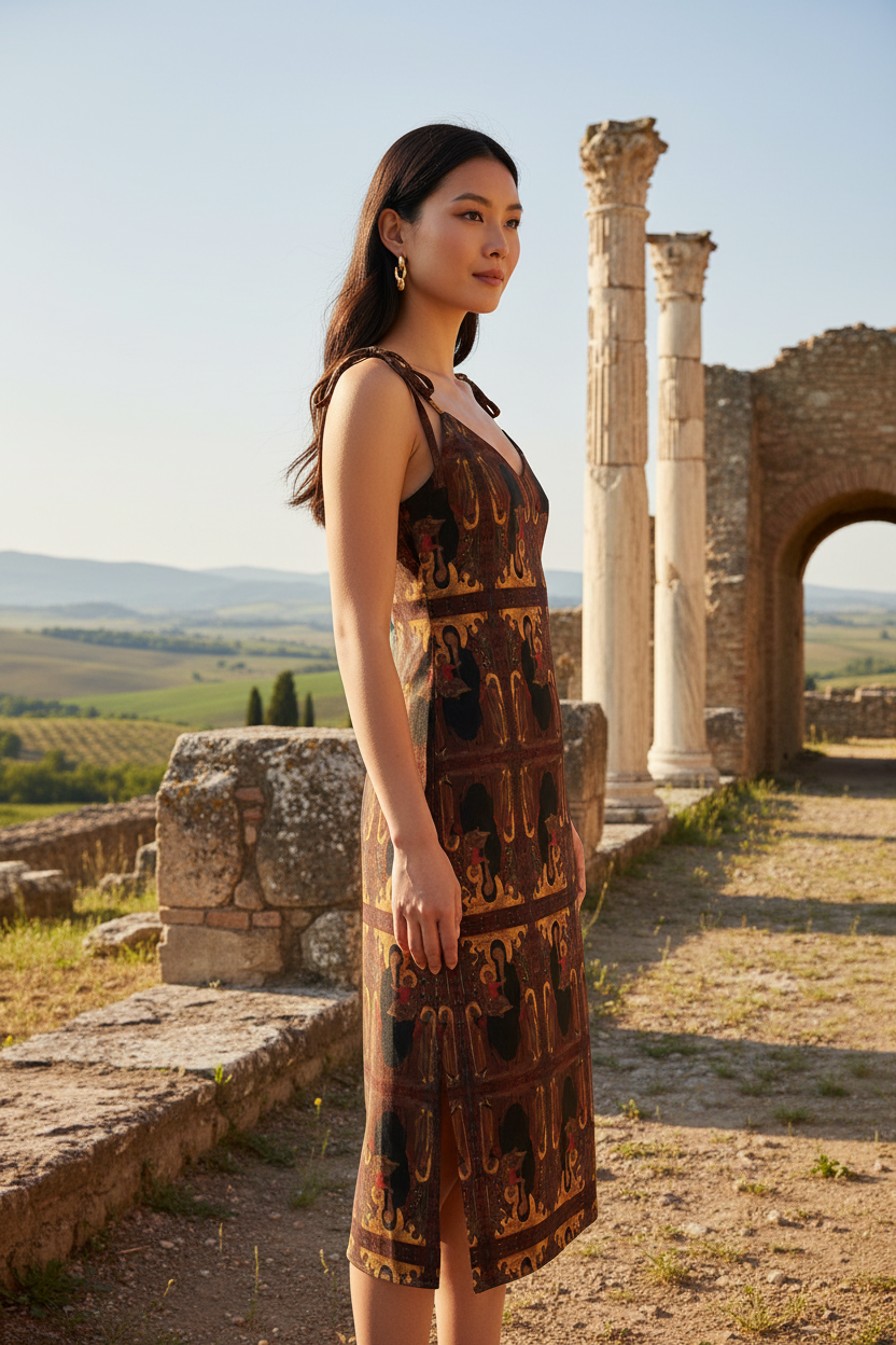 Asian model right side profile in ancient ruins