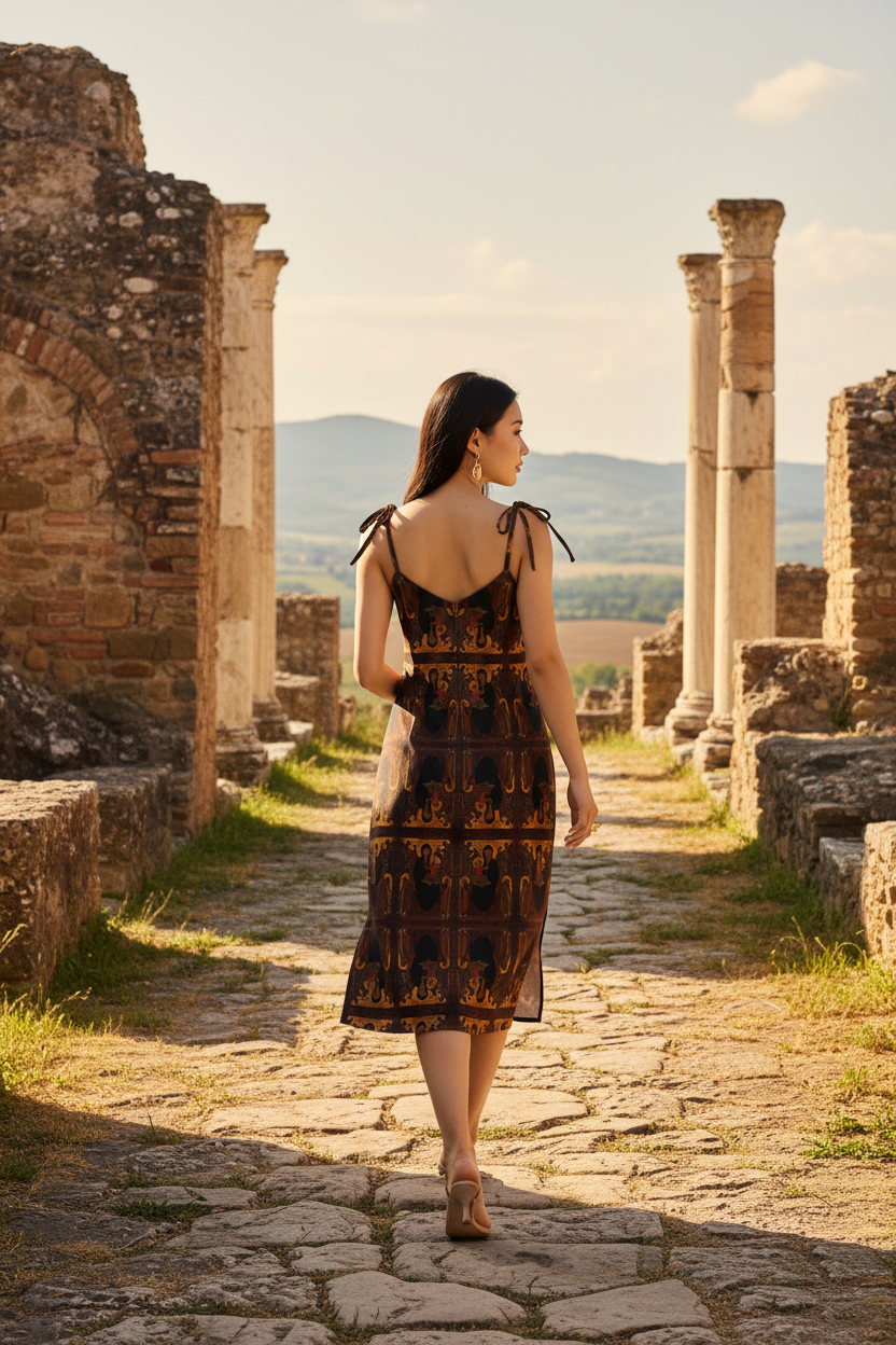 Asian model walking away in ancient ruins