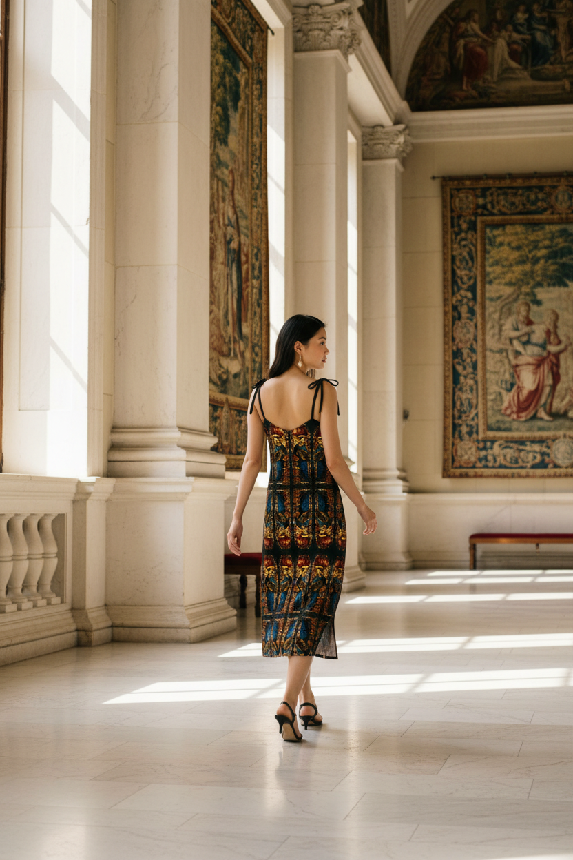 Asian model walking away in bright Renaissance palace