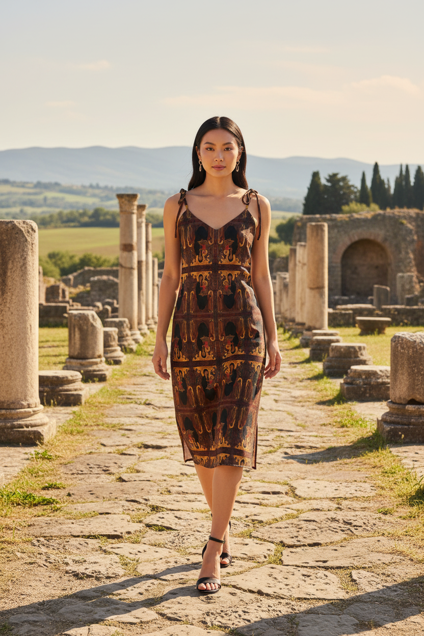 Asian model walking forward in ancient ruins