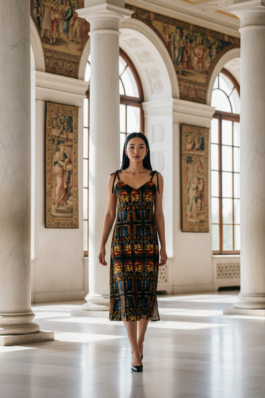 Asian model walking forward in bright Renaissance palace