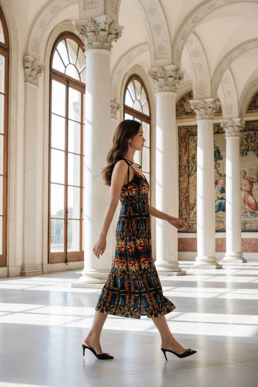 Asian model walking side profile in bright Renaissance palace