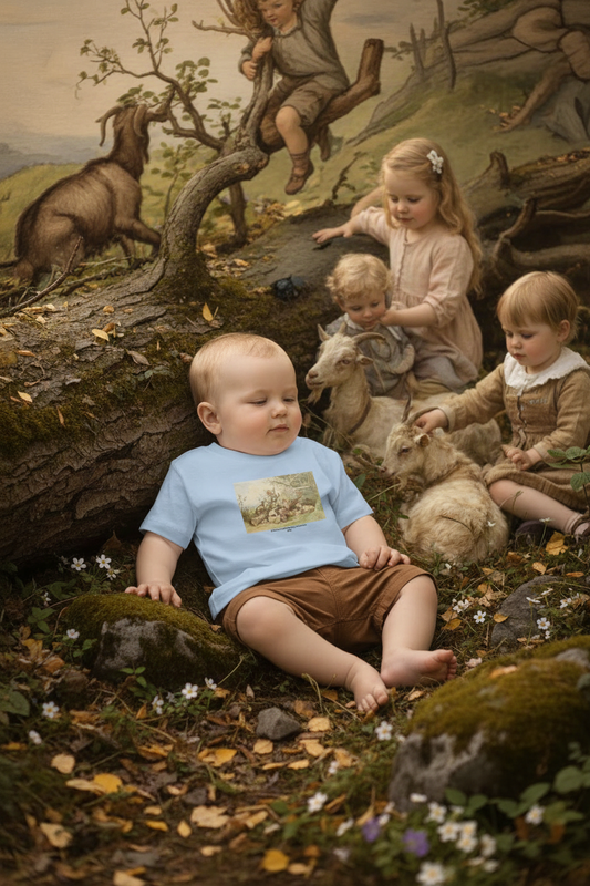 Baby boy in blue Children and Goats shirt resting by fallen tree with goats