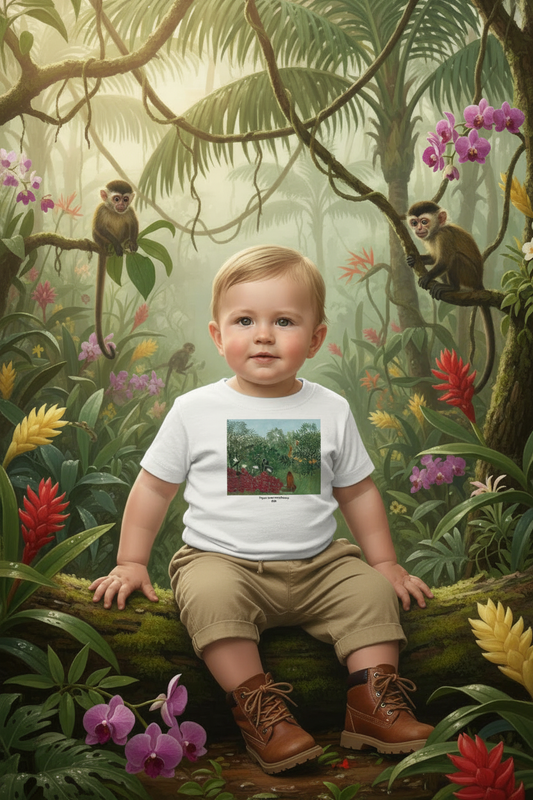Baby boy in white Tropical Forest tee with khaki pants and boots in jungle with monkeys