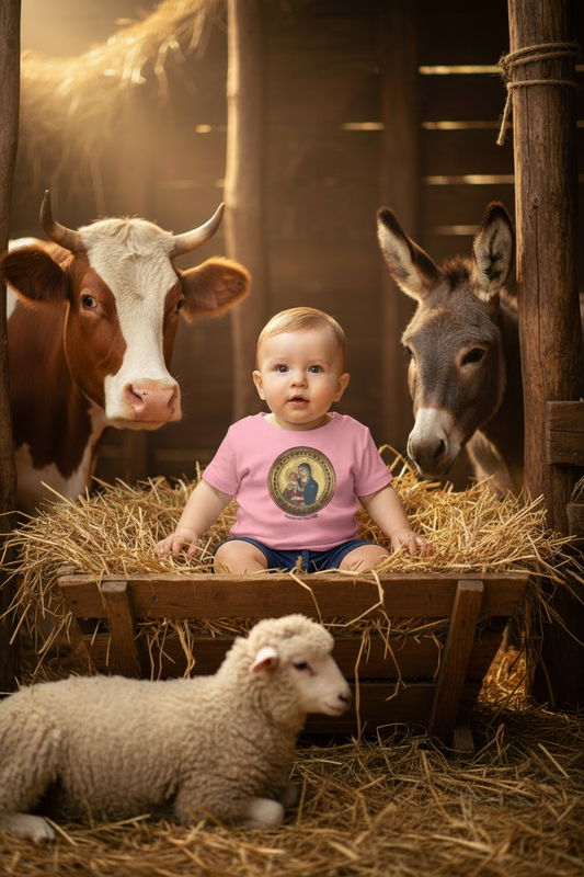 Baby girl in pink Madonna and Child tee in barn with farm animals