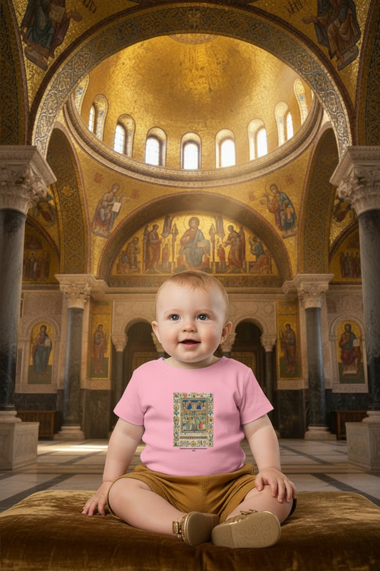 Baby girl in white Christ and Virgin Enthroned tee with brown pants in Byzantine palace