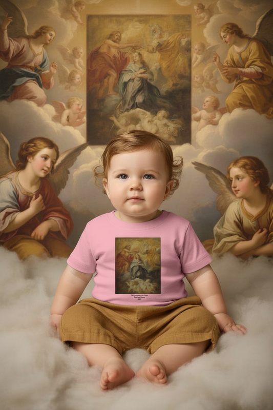 Baby girl in white Coronation of the Virgin tee on clouds with angels