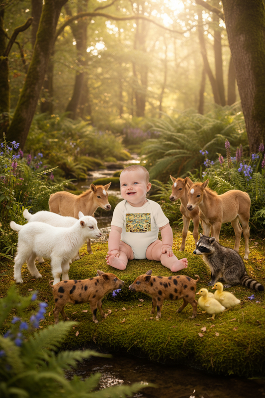 Baby girl in white Cutout of Animals bodysuit with new background and different animals