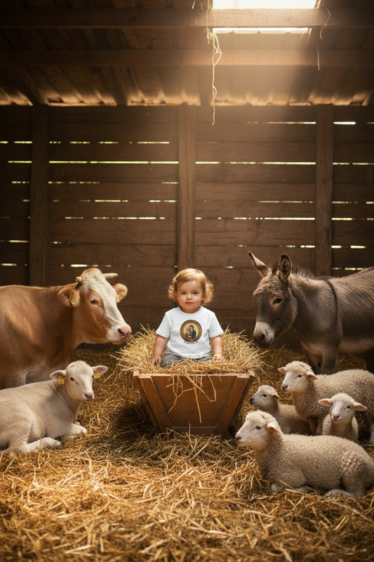 Baby girl in white Madonna and Child tee in hay trough with baby farm animals in bright barn