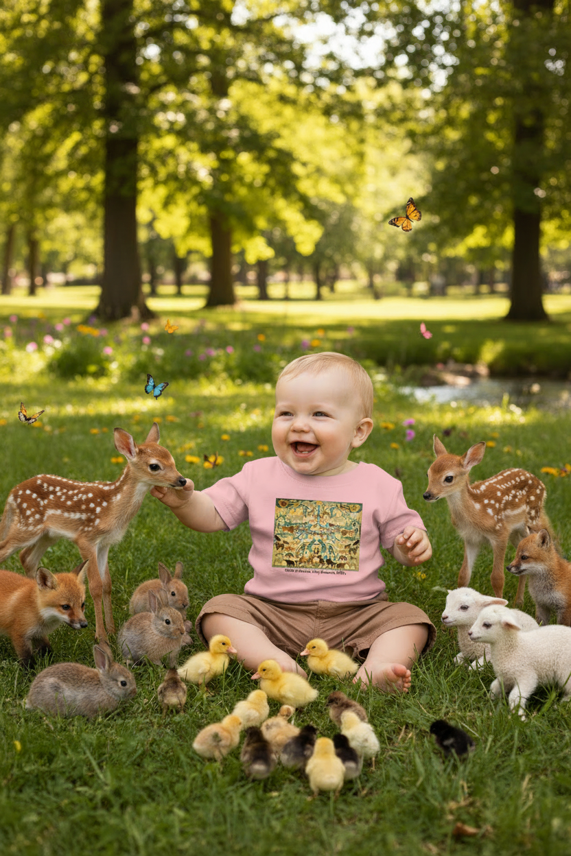 Baby girl wearing pink Cutout of Animals shirt in meadow