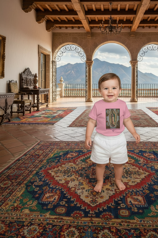 Baby girl wearing pink Virgin of Guadalupe baby tee in Mexican palace