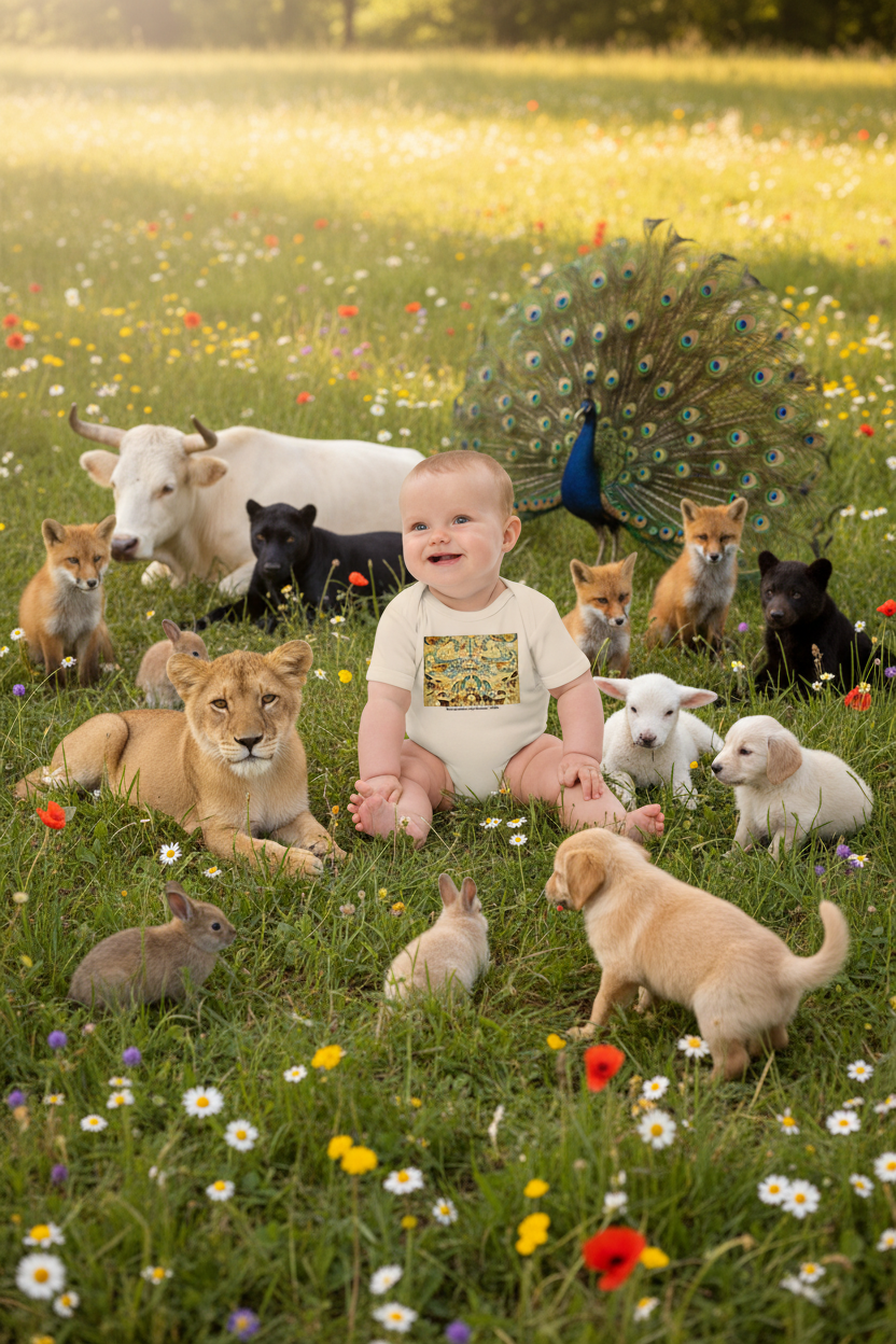 Baby girl with animals in grassy meadow