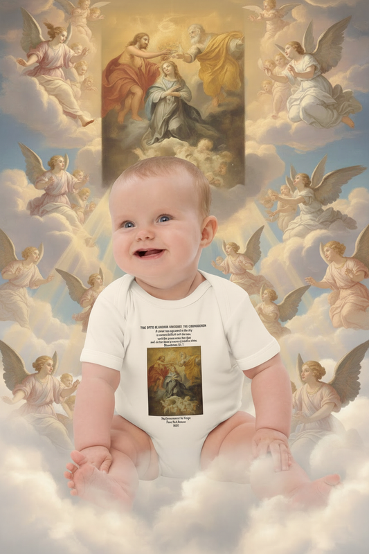 Baby girl with golden hair in Coronation of the Virgin bodysuit showing design on clouds with angels