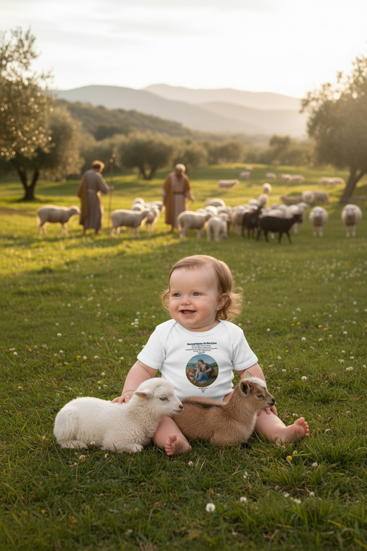 Baby girl with longer hair in Alba Madonna bodysuit with baby lambs and goats, mountains in distance