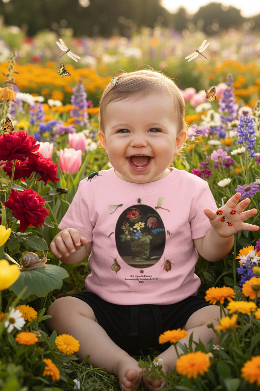 Baby holding ladybugs with orange flower moved to the side