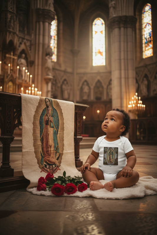 Baby in church with Guadalupe tilma and roses