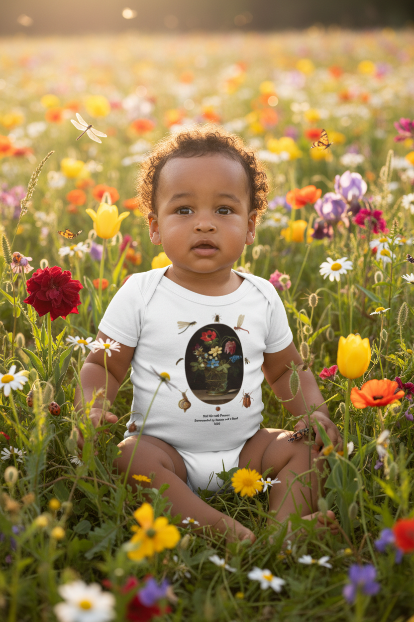 Baby in flower field with insects