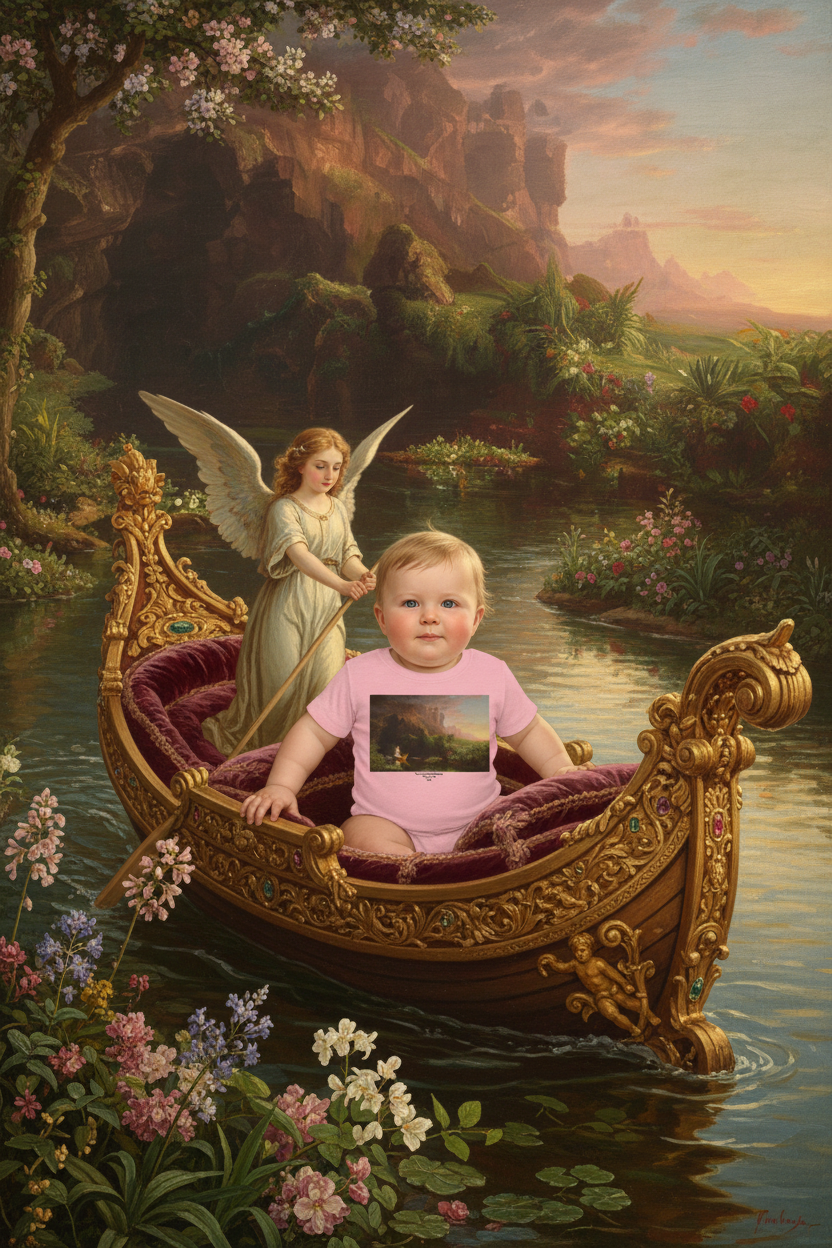 Baby in larger ornate boat with angel steering