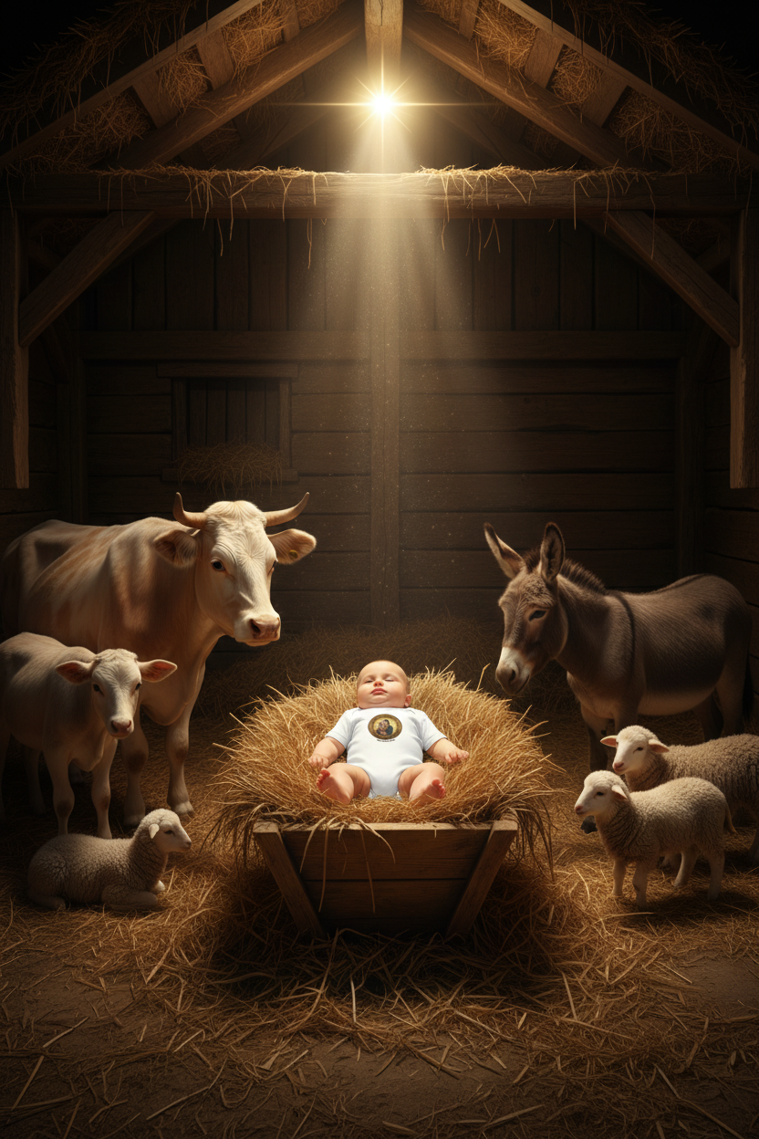 Baby in Madonna and Child bodysuit in nativity scene