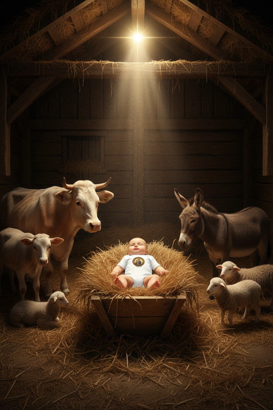 Baby in Madonna and Child bodysuit in nativity scene