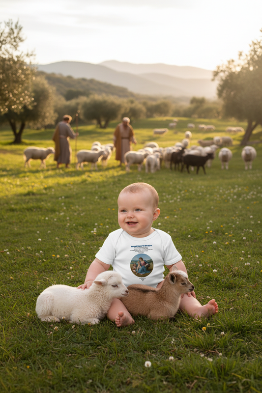 Baby in pastoral valley with shepherds and animals