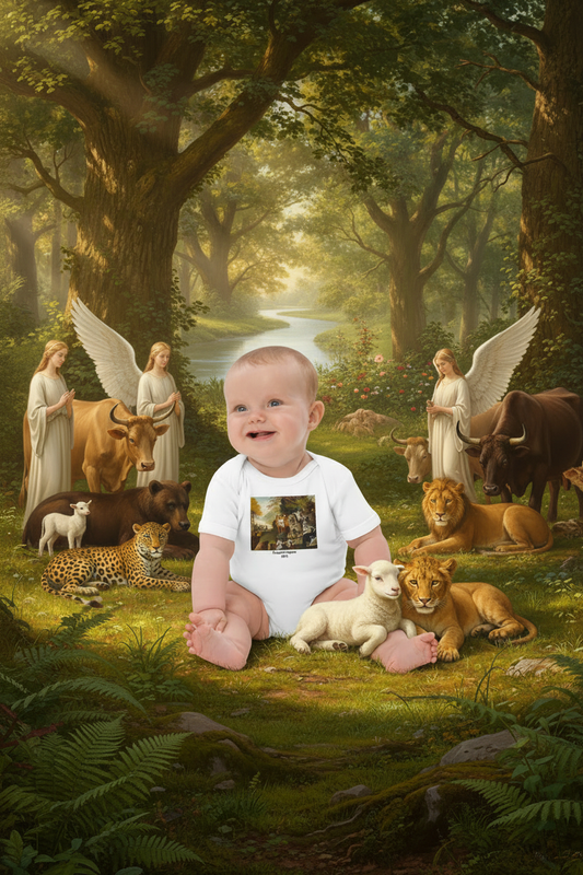 Baby in Peaceable Kingdom bodysuit with baby animals and angels by river