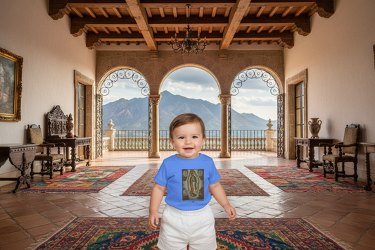 Baby model in grand Mexican hacienda with ornate terrace