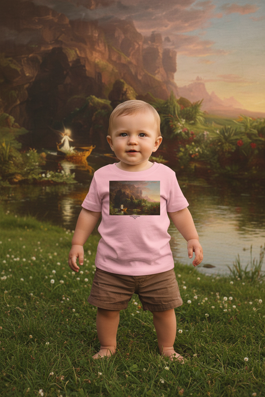 Baby on green grass watching larger ornate boat with angel steering