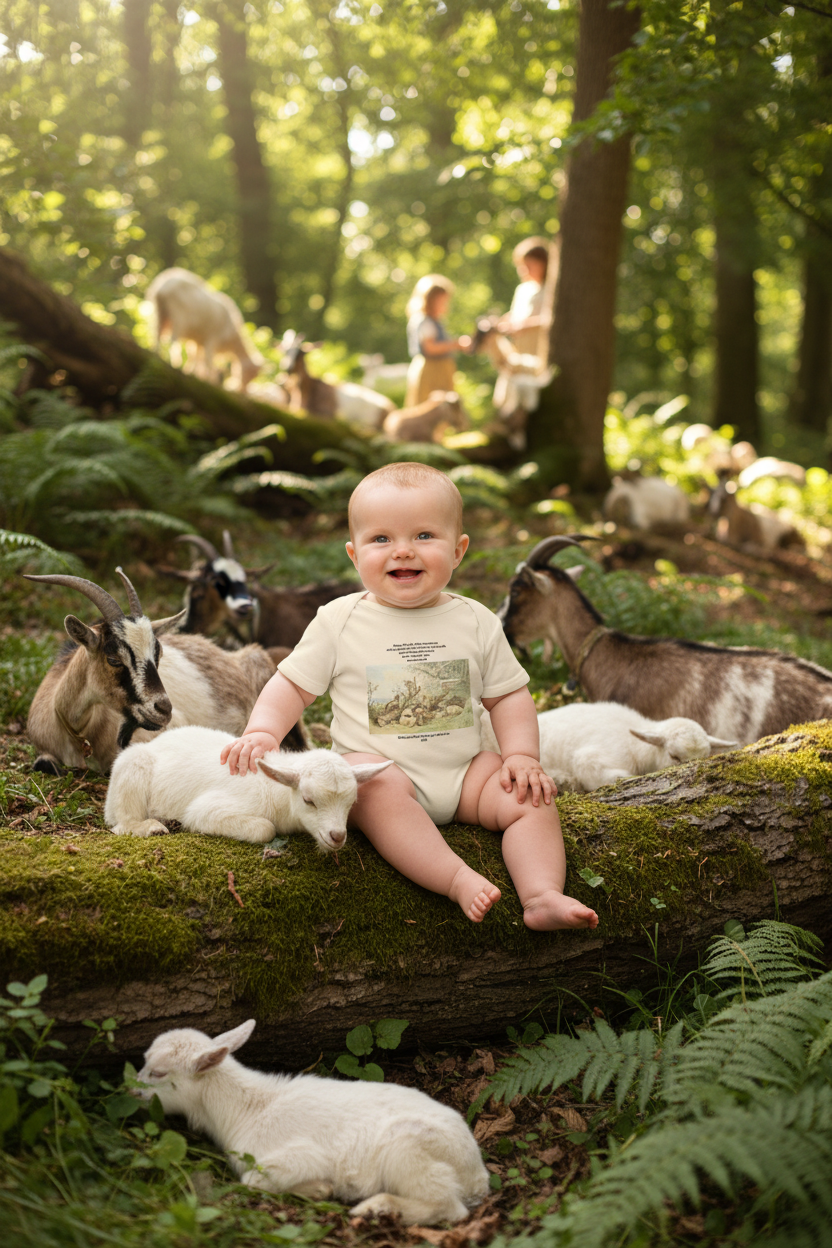 Baby resting with baby goat by felled tree
