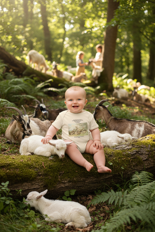 Baby resting with baby goat by felled tree