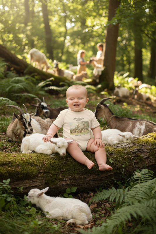 Baby sleeping by fallen tree with Children and Goats bodysuit design visible
