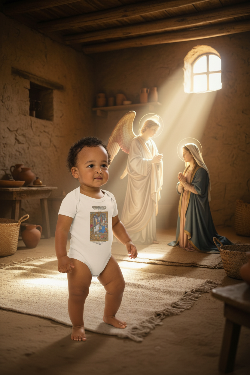Baby standing in Annunciation bodysuit with angel Gabriel and Mary illuminated behind