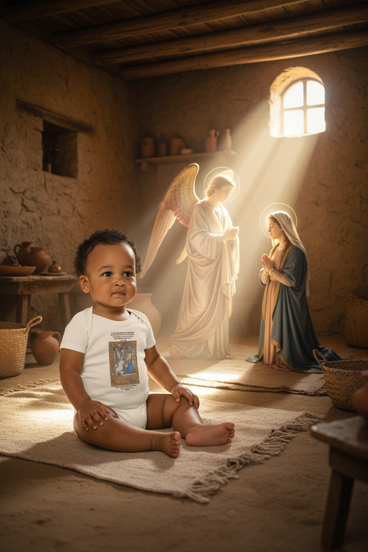 Baby watching Archangel Gabriel appearing to Mary
