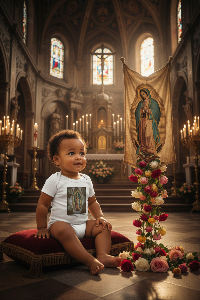 Baby watching miracle of Guadalupe roses