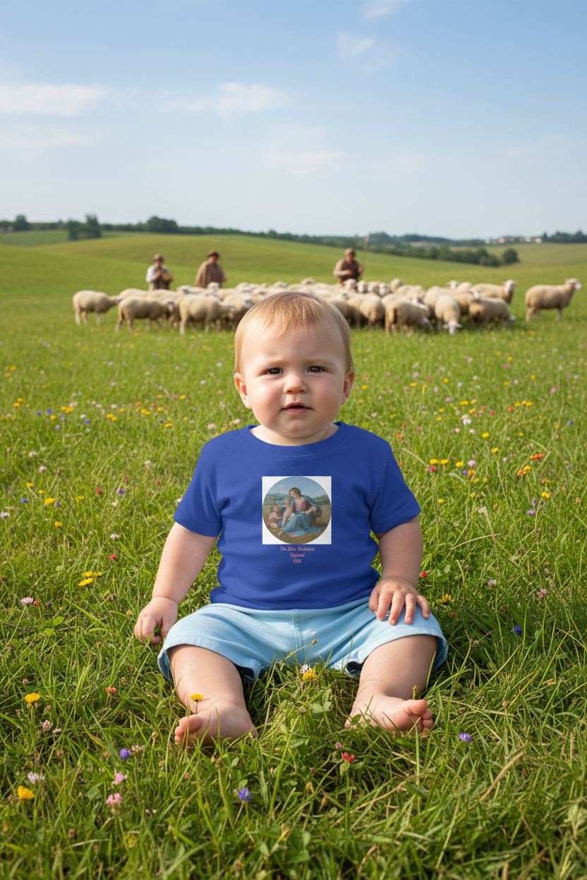 Baby wearing Alba Madonna t-shirt with sheep and shepherds closer