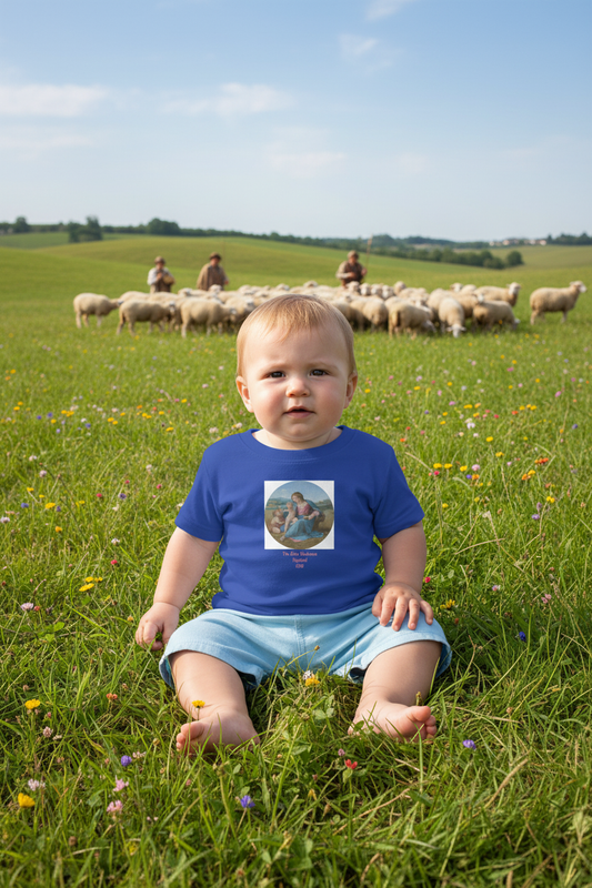Baby wearing Alba Madonna t-shirt with sheep and shepherds closer