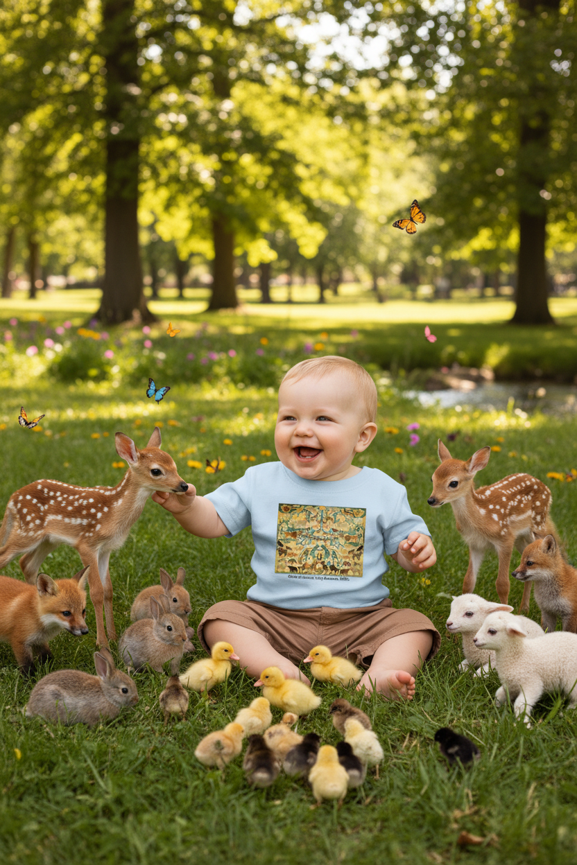 Baby wearing animal cutout t-shirt and brown shorts in park with baby animals