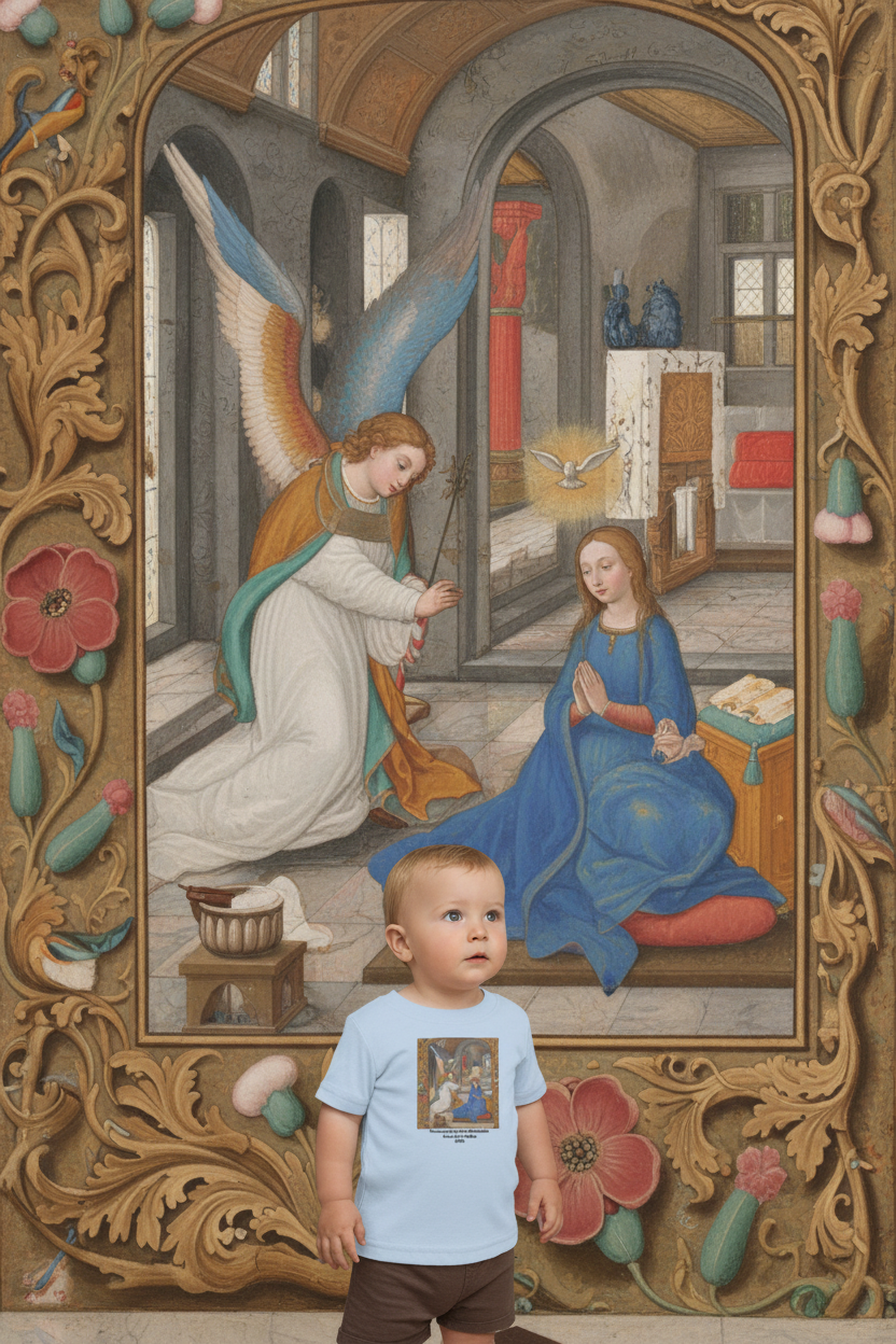 Baby wearing Annunciation t-shirt in scene with Archangel Gabriel appearing to Mary