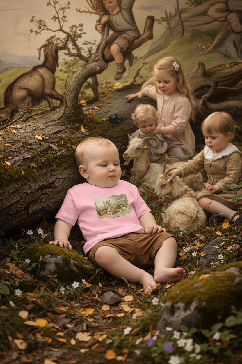 Baby wearing Children and Goats t-shirt resting by fallen tree with other children and goats