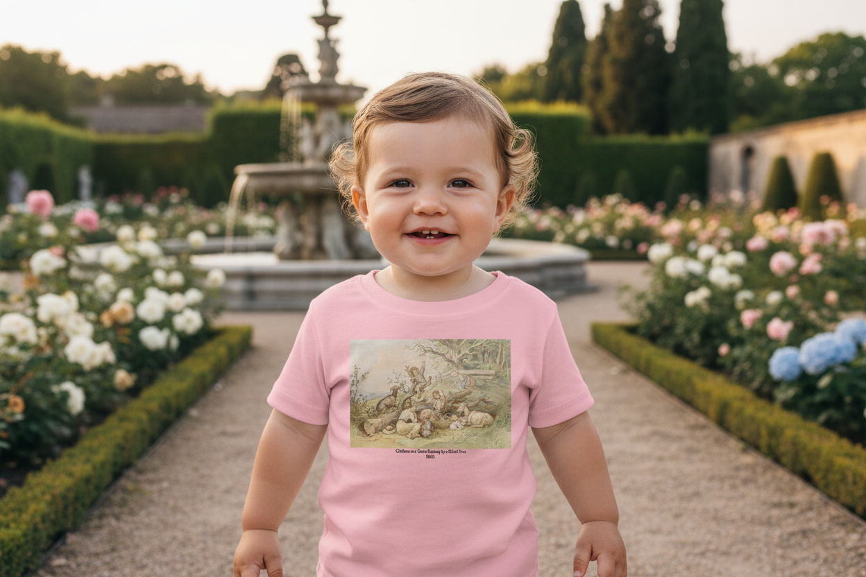 Baby wearing Children and Goats t-shirt with clear view in Renaissance garden