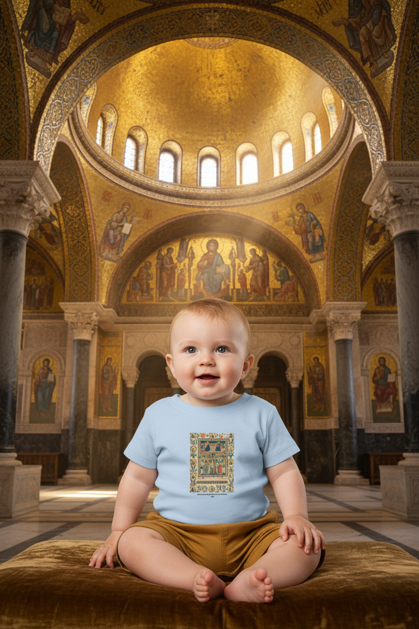 Baby wearing Christ and the Virgin Enthroned t-shirt with golden brown shorts in Byzantine palace