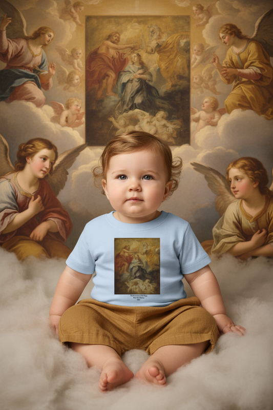 Baby wearing Coronation of the Virgin t-shirt in clouds with angels and coronation scene
