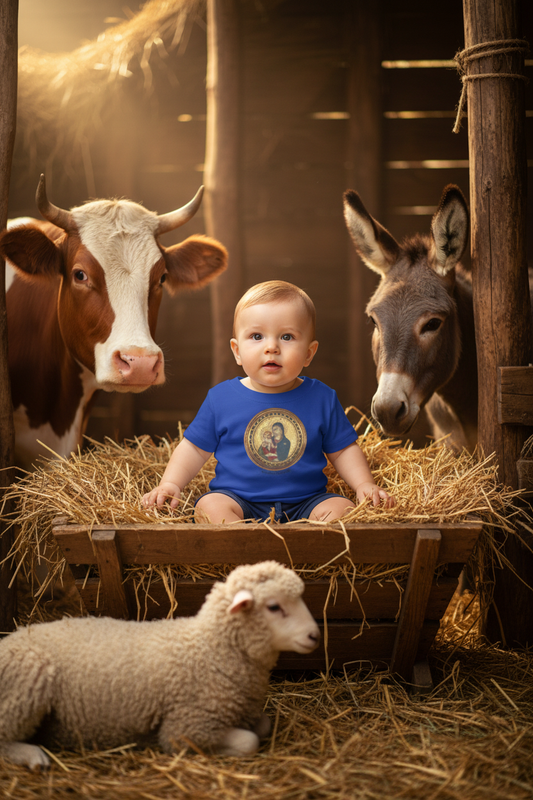 Baby wearing Madonna and Child t-shirt in manger with cow, donkey, and sheep