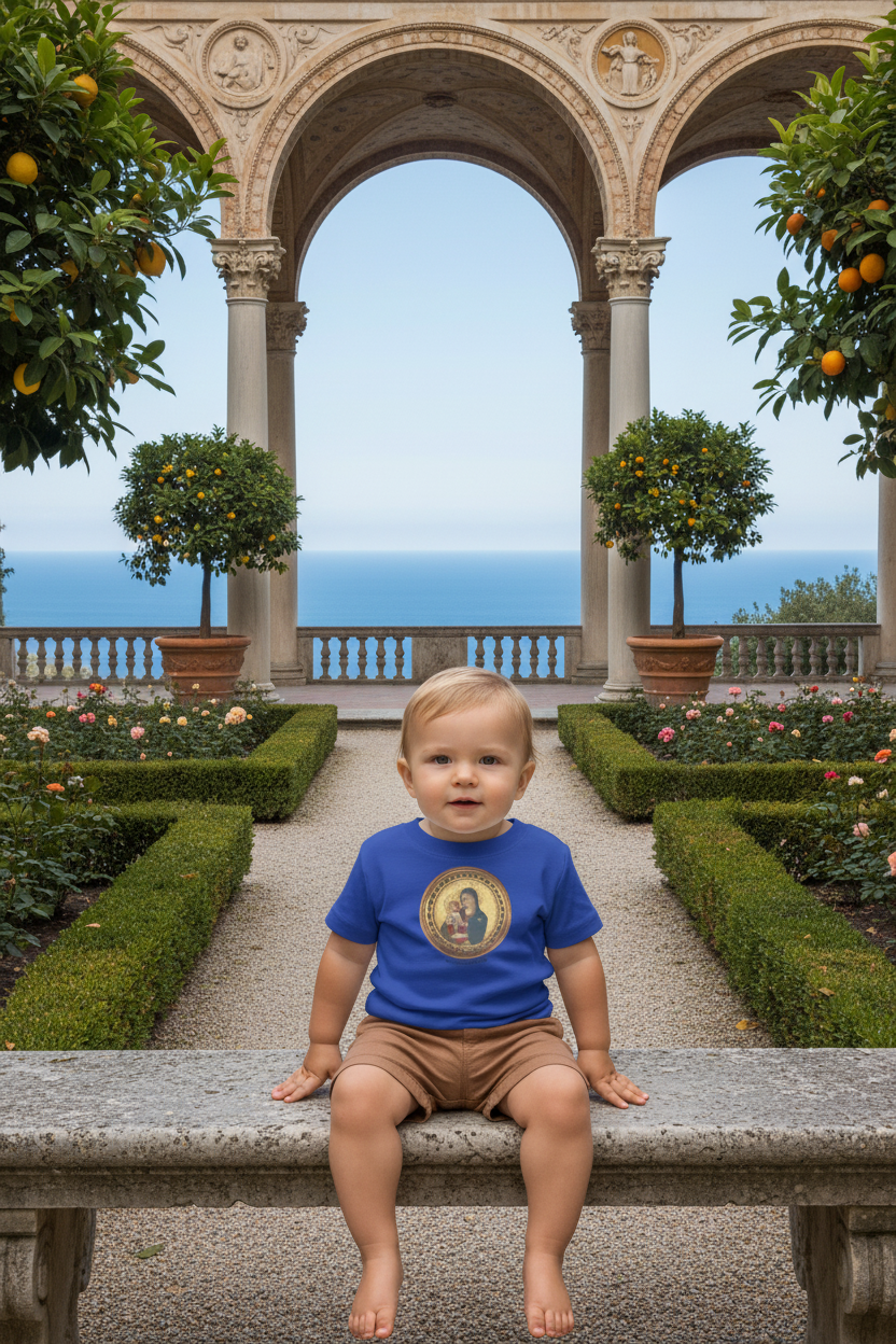 Baby wearing Madonna and Child t-shirt in Renaissance garden courtyard overlooking ocean