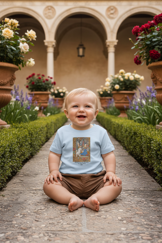 Baby wearing Manuscript Leaf Annunciation t-shirt in Renaissance garden with arches