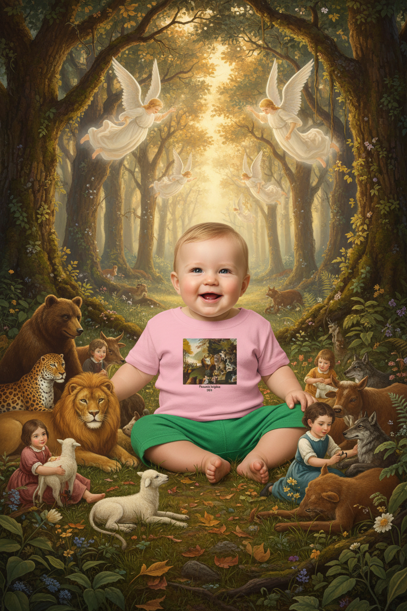Baby wearing Peaceable Kingdom t-shirt in thick woods with animals and angels