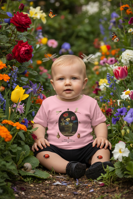 Baby wearing Still Life with Flowers t-shirt in flower patch with insects