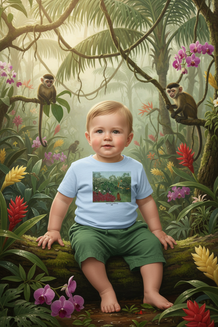 Baby wearing Tropical Forest with Monkeys t-shirt in jungle with flowers and monkeys